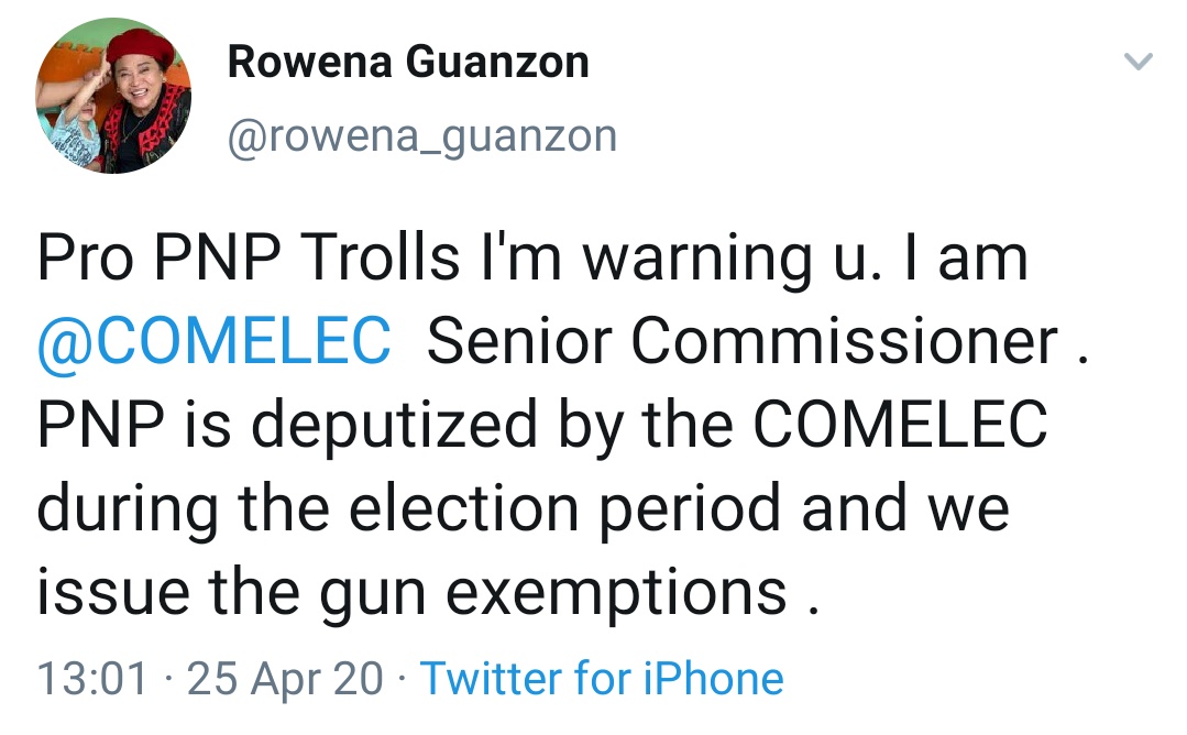 Pro PNP Trolls I'm warning u. I am @COMELEC  Senior Commissioner . PNP is deputized by the COMELEC during the election period and we issue the gun exemptions.