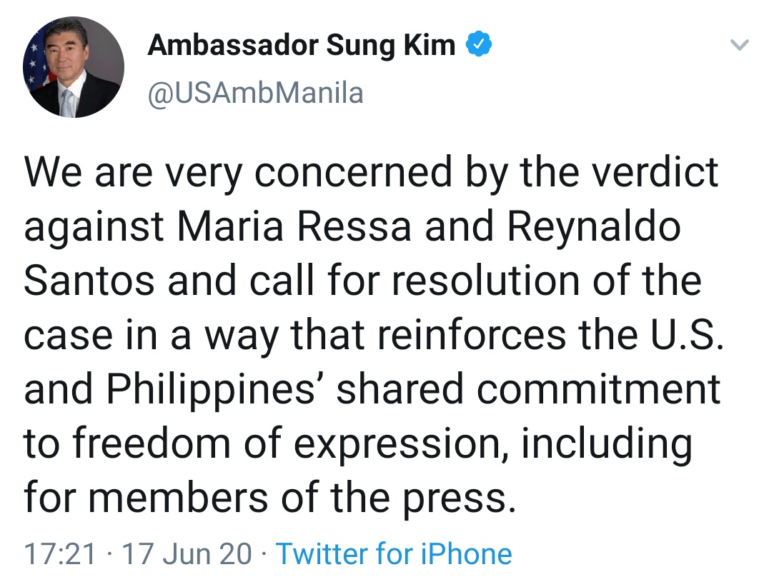 We are very concerned by the verdict against Maria Ressa and Reynaldo Santos and call for resolution of the case in a way that reinforces the U.S. and Philippines’ shared commitment to freedom of expression, including for members of the press.