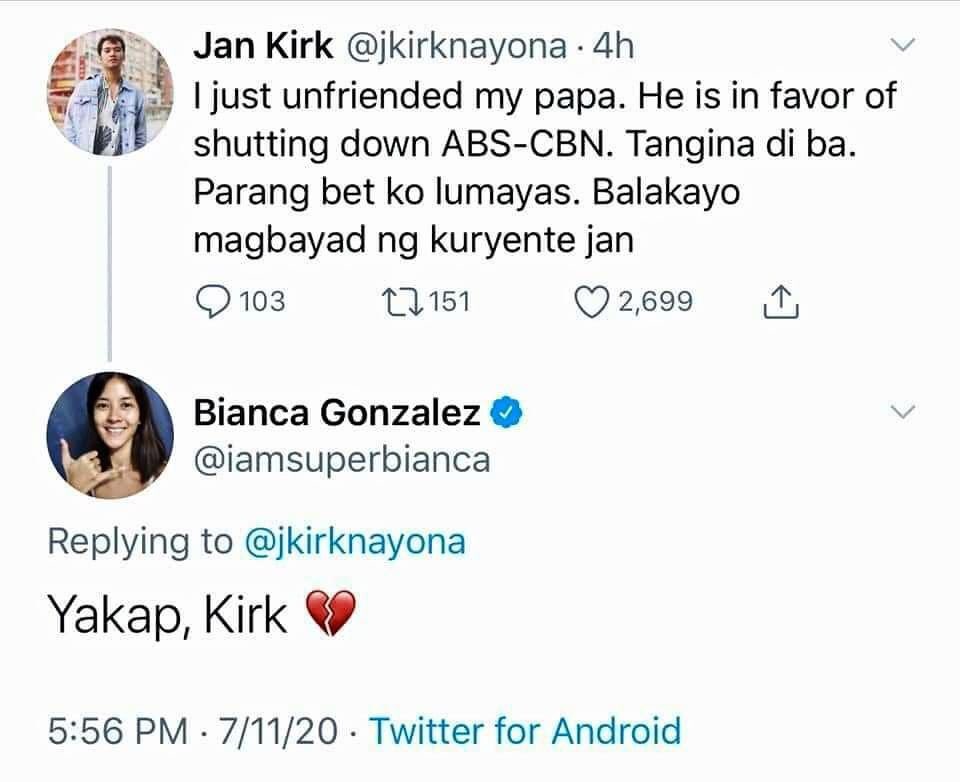 I just unfriended my papa. He is in favor of shutting down ABS-CBN. Tangina di ba. Parang bet ko lumayas. Balakayo magbayad ng kuryente jan