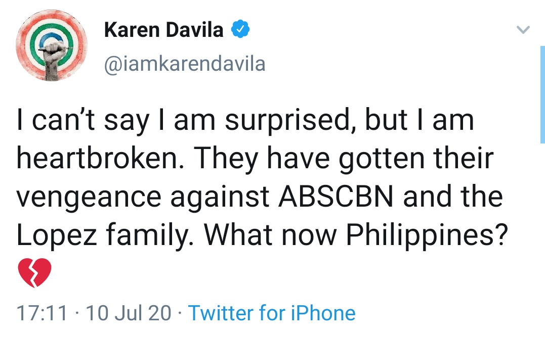 I can’t say I am surprised, but I am heartbroken. They have gotten their vengeance against ABSCBN and the Lopez family. What now Philippines?