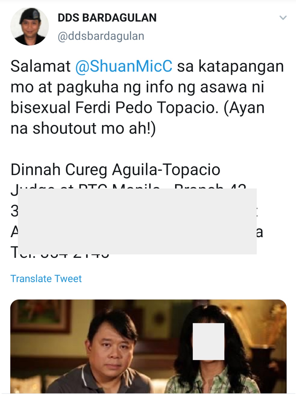 Salamat @ShuanMicC sa katapangan mo at pagkuha ng info ng asawa ni bisexual Ferdi Pedo Topacio. (Ayan na shoutout mo ah!) (NB: rest of tweet redacted due to privacy concerns)