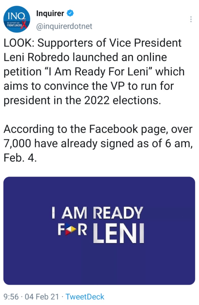 LOOK: Supporters of Vice President Leni Robredo launched an online petition 'I Am Ready For Leni' which aims to convince the VP to run for president in the 2022 elections. According to the Facebook page, over 7,000 have already signed as of 6 am, Feb. 4.