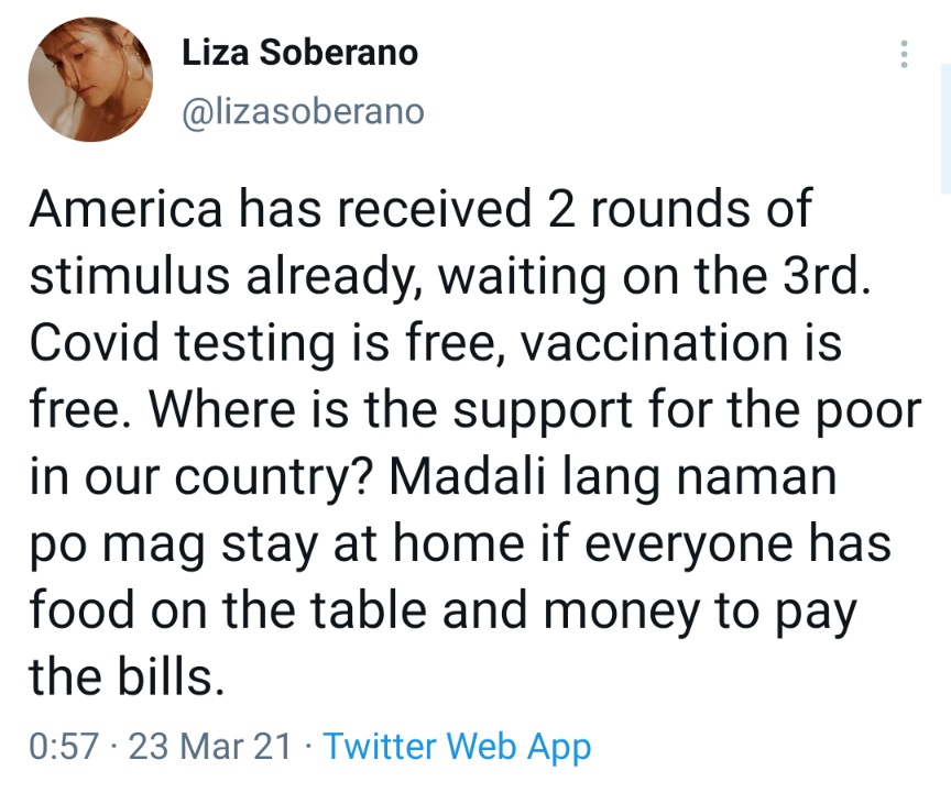 America has received 2 rounds of stimulus already, waiting on the 3rd. Covid testing is free, vaccination is free. Where is the support for the poor in our country? Madali lang naman po mag stay at home if everyone has food on the table and money to pay the bills.
