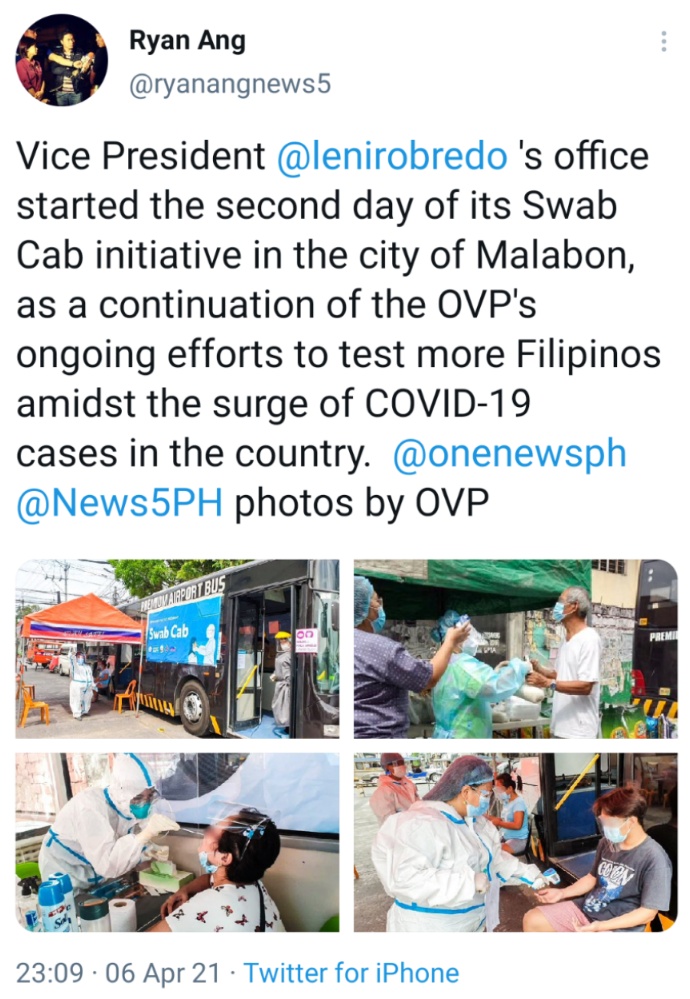 Vice President @lenirobredo 's office started the second day of its Swab Cab initiative in the city of Malabon, as a continuation of the OVP's ongoing efforts to test more Filipinos amidst the surge of COVID-19 cases in the country.  @onenewsph @News5PH photos by OVP