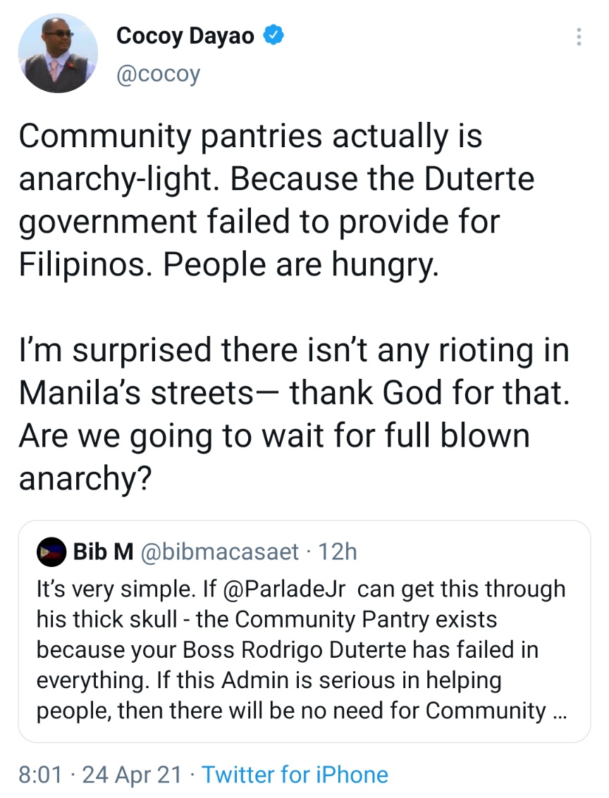 Community pantries actually is anarchy-light. Because the Duterte government failed to provide for Filipinos. People are hungry. I’m surprised there isn’t any rioting in Manila’s streets— thank God for that. Are we going to wait for full blown anarchy?