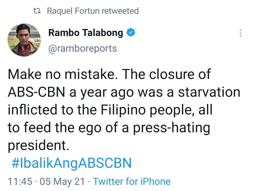 Make no mistake. The closure of ABS-CBN a year ago was a starvation inflicted to the Filipino people, all to feed the ego of a press-hating president.