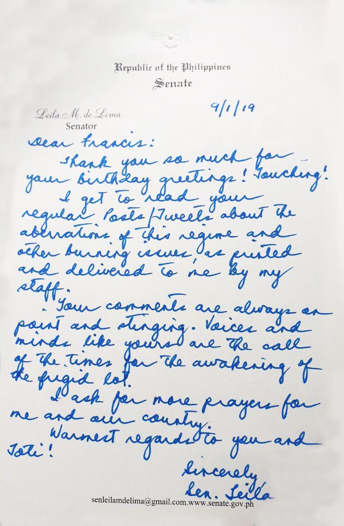 Leila De Lima letter to @MrFrankBaraan could prove she has access to WiFI in prison!