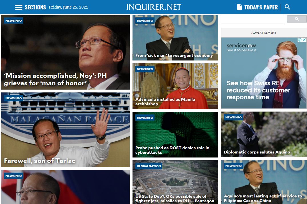 Front page of Philippine Daily Inquirer CRAMMED with fluff pieces about Noynoy Aquino!